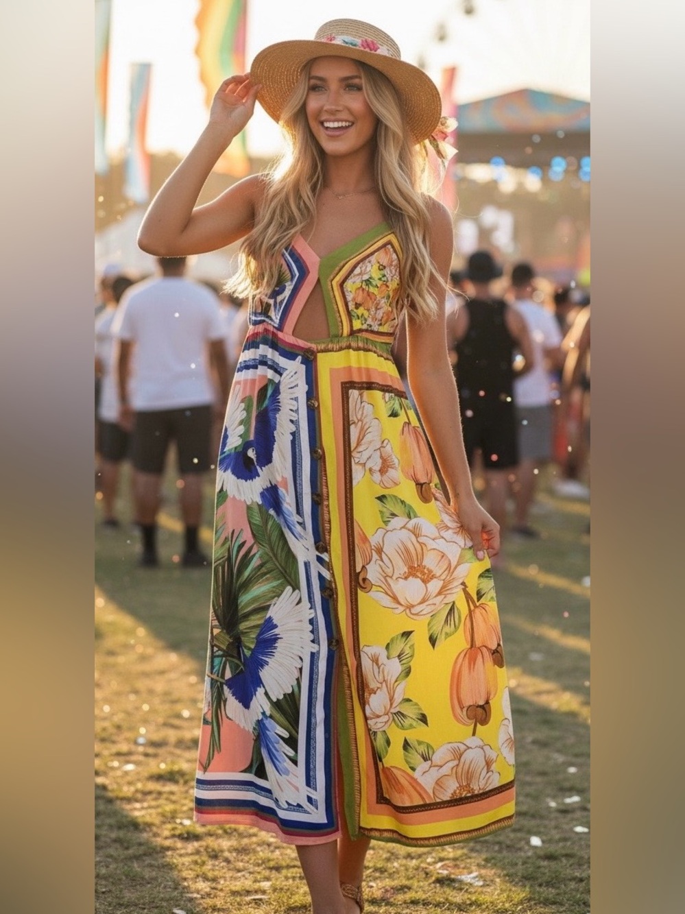 FARM Rio XS S Tropical Bird FloralCutout Midi Dress Button Front Boho Resort